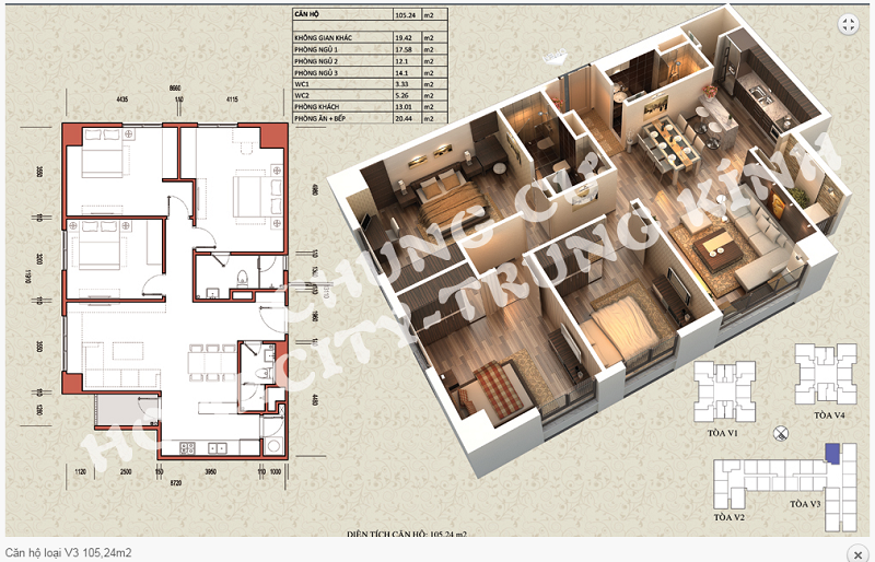 Thiết kế chi tiết căn hộ 105,24 m2 tòa V3 dự án Home City 177 Trung Kính