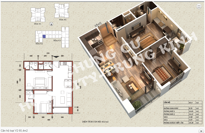 Thiết kế chi tiết căn hộ 65,4 m2 tòa V2 dự án Home City 177 Trung Kính