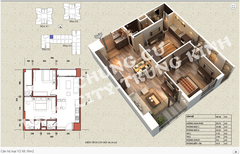 Thiết kế chi tiết căn hộ 68,16 m2 tòa V2 dự án Home City 177 Trung Kính