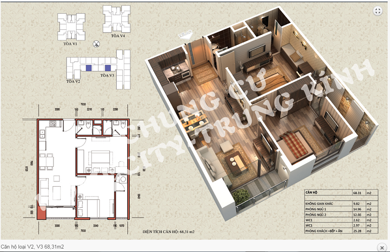 Thiết kế chi tiết căn hộ 68,31 m2 tòa V2 - V3 dự án Home City 177 Trung Kính