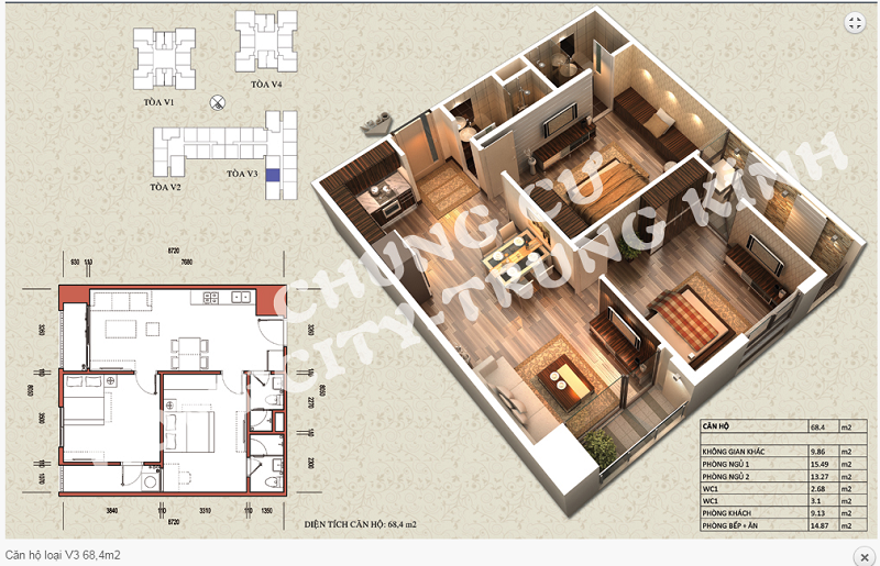 Thiết kế chi tiết căn hộ 68,4 m2 tòa V3 dự án Home City 177 Trung Kính