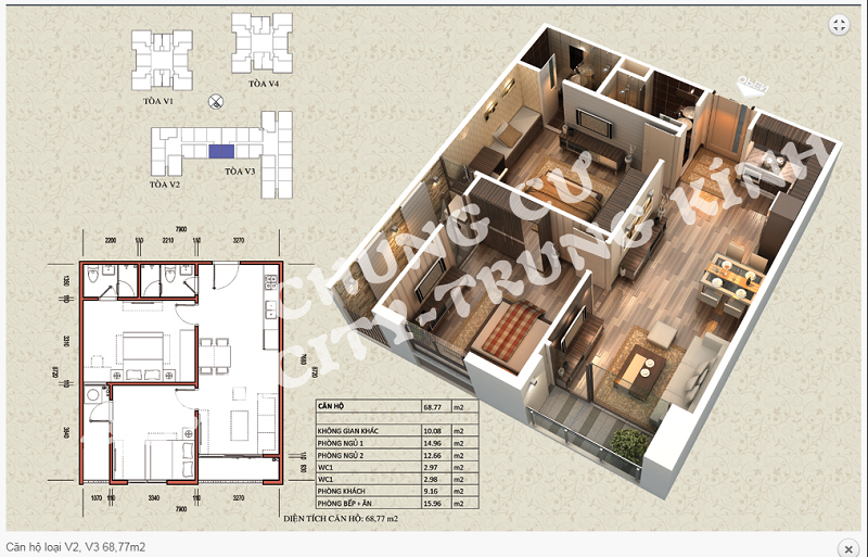 Thiết kế chi tiết căn hộ 68,77 m2 tòa V2 - V3 dự án Home City 177 Trung Kính