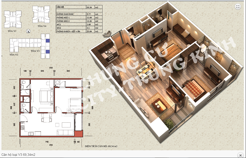 Thiết kế chi tiết căn hộ 69,34 m2 tòa V3 dự án Home City 177 Trung Kính