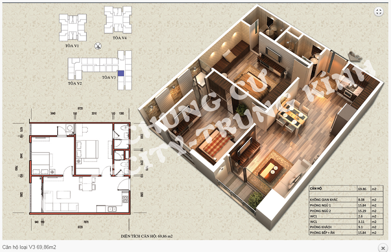 Thiết kế chi tiết căn hộ 69,86 m2 tòa V3 dự án Home City 177 Trung Kính