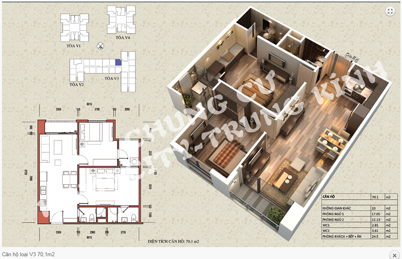 Thiết kế chi tiết căn hộ 70,1 m2 tòa V3 dự án Home City 177 Trung Kính