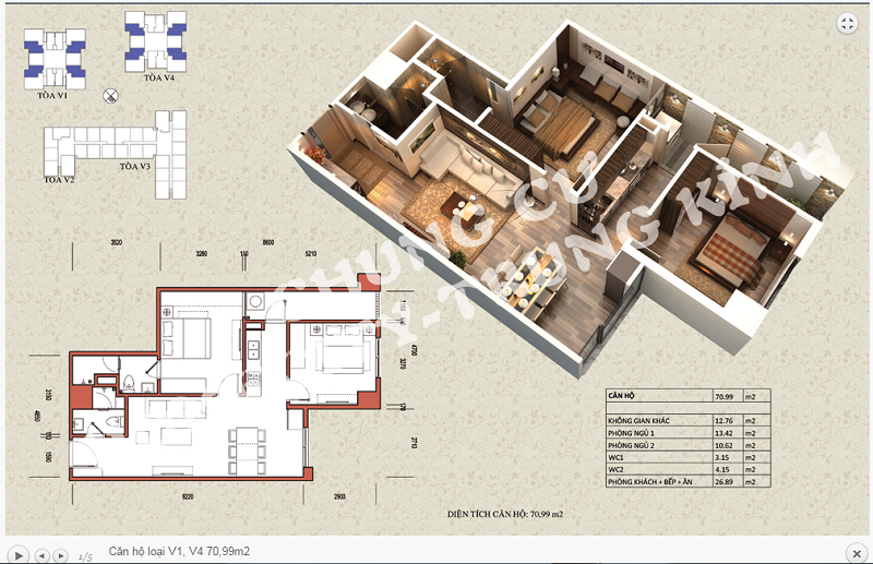 Thiết kế chi tiết căn hộ 70,99 m2 tòa V1 - V4 dự án Home City 177 Trung Kính