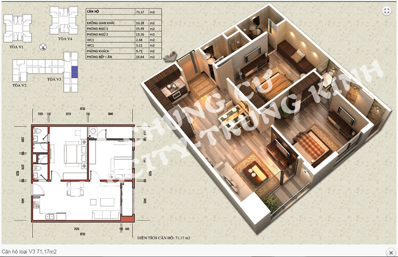 Thiết kế chi tiết căn hộ 71,17 m2 tòa V3 dự án Home City 177 Trung Kính