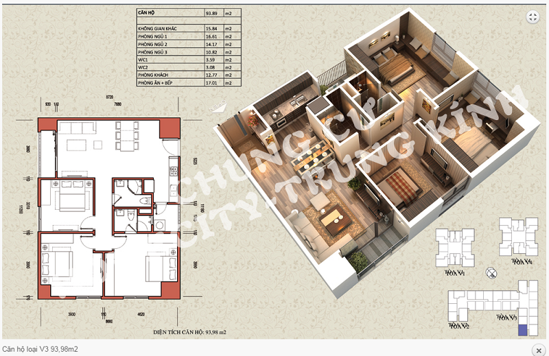 Thiết kế chi tiết căn hộ 93,98 m2 tòa V3 dự án Home City 177 Trung Kính