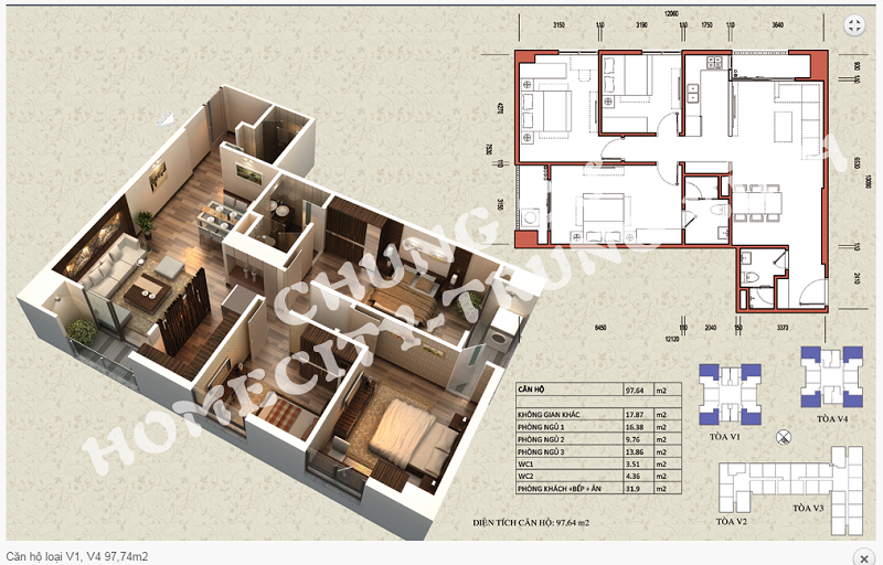 Thiết kế chi tiết căn hộ 97,64 m2 tòa V1 - V4 dự án Home City 177 Trung Kính