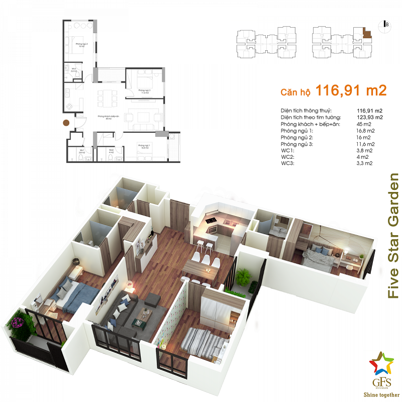 Thiết kế căn hộ 116,91m2 chung cư Fivestar Garden 02 Kim Giang