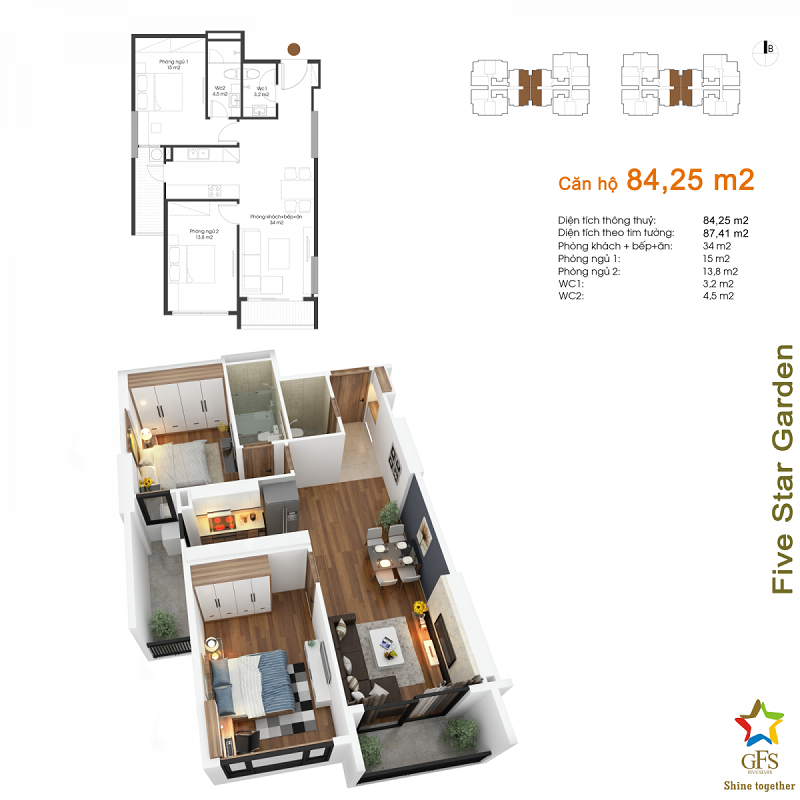 Thiết kế căn hộ 84,25m2 chung cư Fivestar Garden 02 Kim Giang