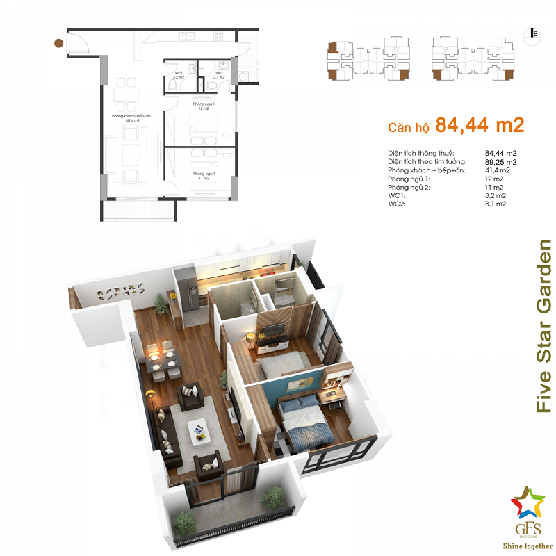 Thiết kế căn hộ 84,44m2 chung cư Fivestar Garden 02 Kim Giang