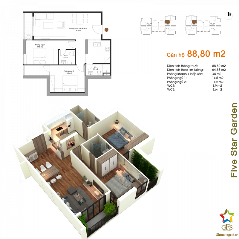 Thiết kế căn hộ 88,8m2 chung cư Fivestar Garden 02 Kim Giang