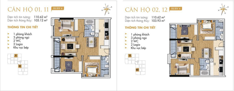 Thiết kế chi tiết căn hộ 1-2-11-12 Ruby 4 Goldmark City- 136 Hồ Tùng Mậu - Từ Liêm