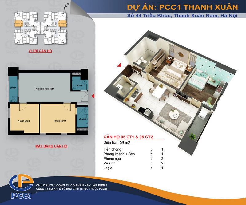 Thiết kế căn hộ 59m2 dự án PCC1 Thanh Xuân - 44 Triều Khúc