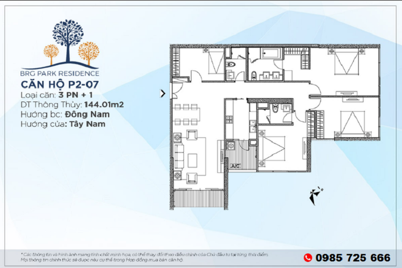Thiết kế căn hộ 3PN+1 Diện tích 144m2 chung cư BRG Park Residence 25 Lê Văn Lương
