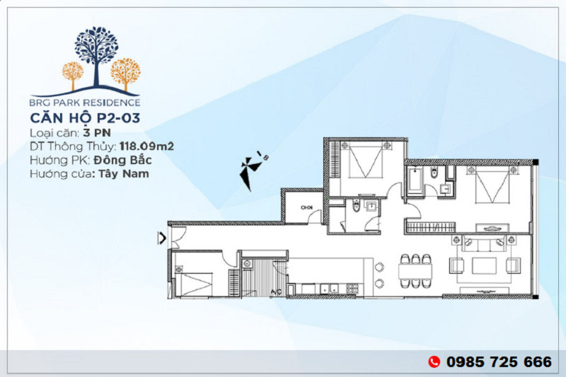 Thiết kế căn hộ 3PN Diện tích 118m2 chung cư BRG Park Residence 25 Lê Văn Lương