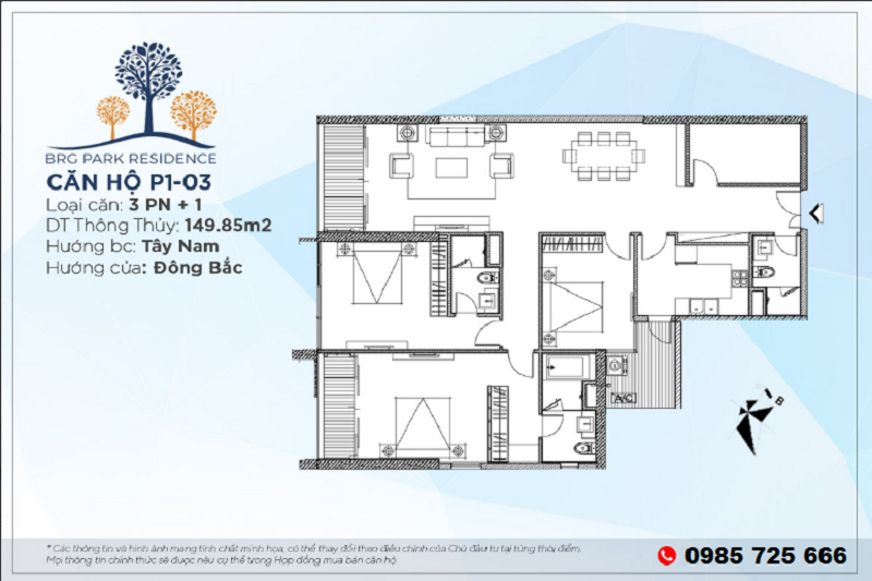 Thiết kế căn hộ 3PN+1 Diện tích 149m2 chung cư BRG Park Residence 25 Lê Văn Lương