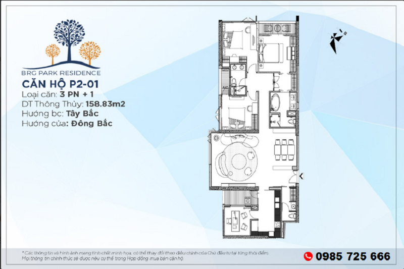 Thiết kế căn hộ 3PN+1 Diện tích 158m2 chung cư BRG Park Residence 25 Lê Văn Lương