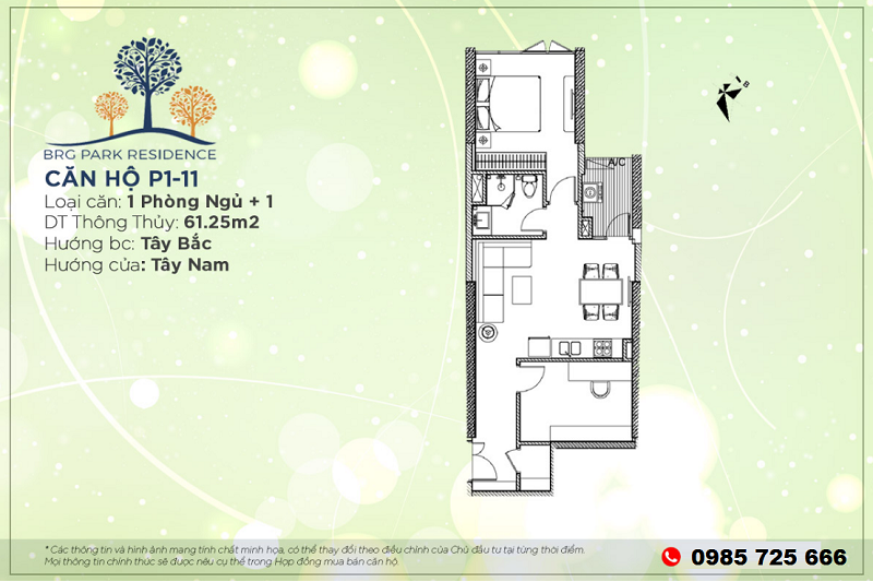 Thiết kế căn hộ 1PN+1 Diện tích 61m2 chung cư BRG Park Residence 25 Lê Văn Lương