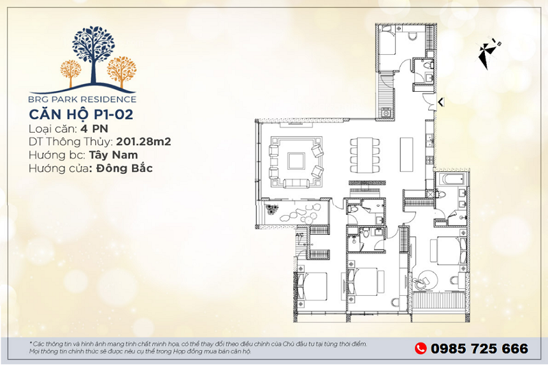 Thiết kế căn hộ 4PN Diện tích 201m2 chung cư BRG Park Residence 25 Lê Văn Lương