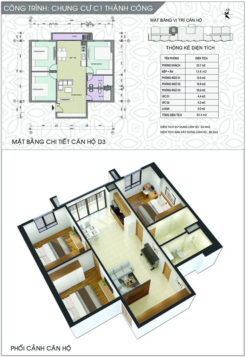 Thiết kế căn hộ D3 dự án chung cư C1 Thành Công