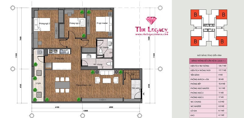 Thiết kế căn hộ loại B dự án chung cư The Legacy 106 Ngụy Như Kon Tum