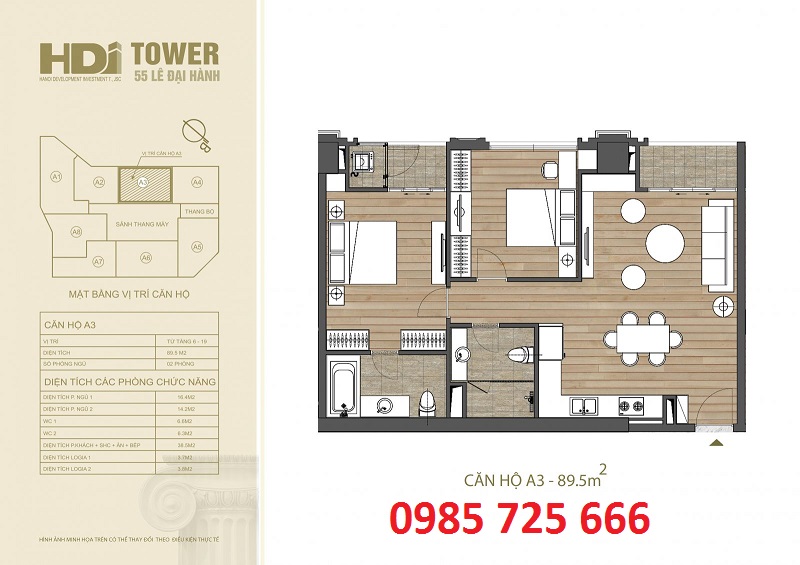 Thiết kế căn hộ A3 chung cư HDI Tower 55 Lê Đại Hành