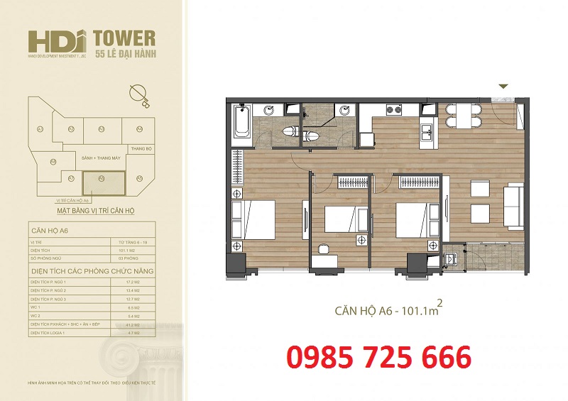 Thiết kế căn hộ A6 chung cư HDI Tower 55 Lê Đại Hành