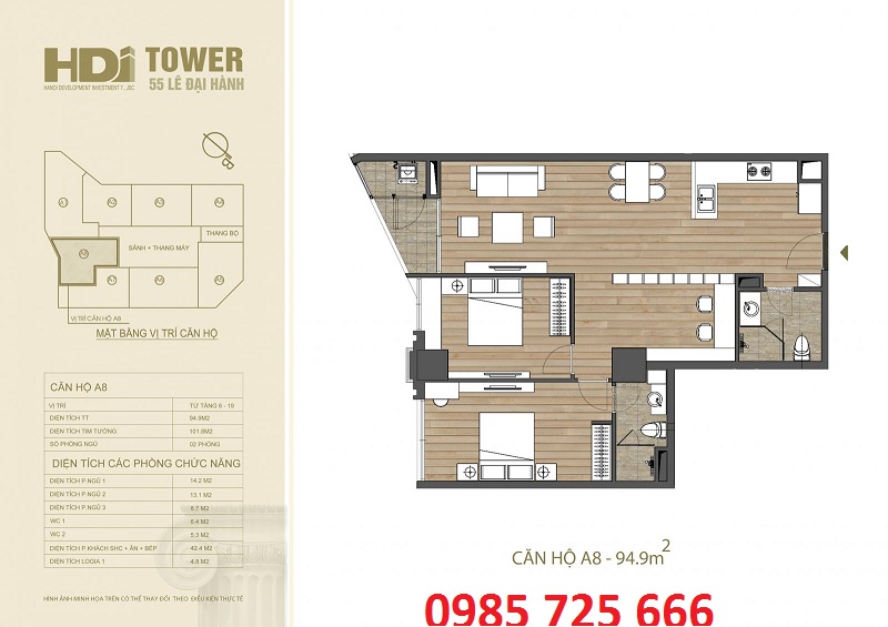 Thiết kế căn hộ A8 chung cư HDI Tower 55 Lê Đại Hành