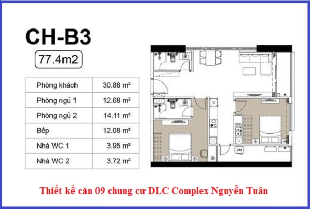 Thiết kế căn 09 chung cư DLC Complex Nguyễn Tuân - Ngụy Như Kon Tum