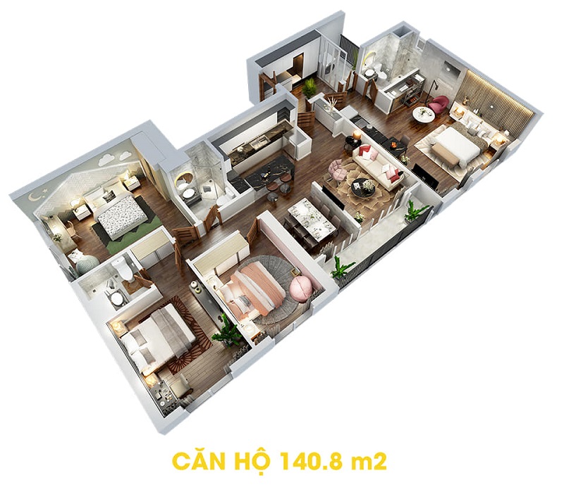 Thiết kế căn hộ 140,8m2 dự án The Terra An Hưng Văn Phú - Hà Đông