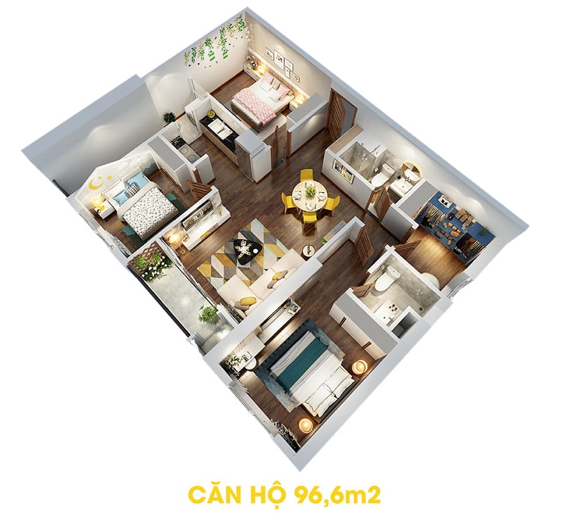 Thiết kế căn hộ 96,6m2 dự án The Terra An Hưng Văn Phú - Hà Đông