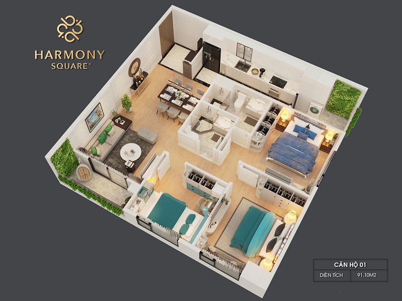 Thiết kế 3D căn hộ 01 dự án chung cư Harmony Square 199 Nguyễn Tuân