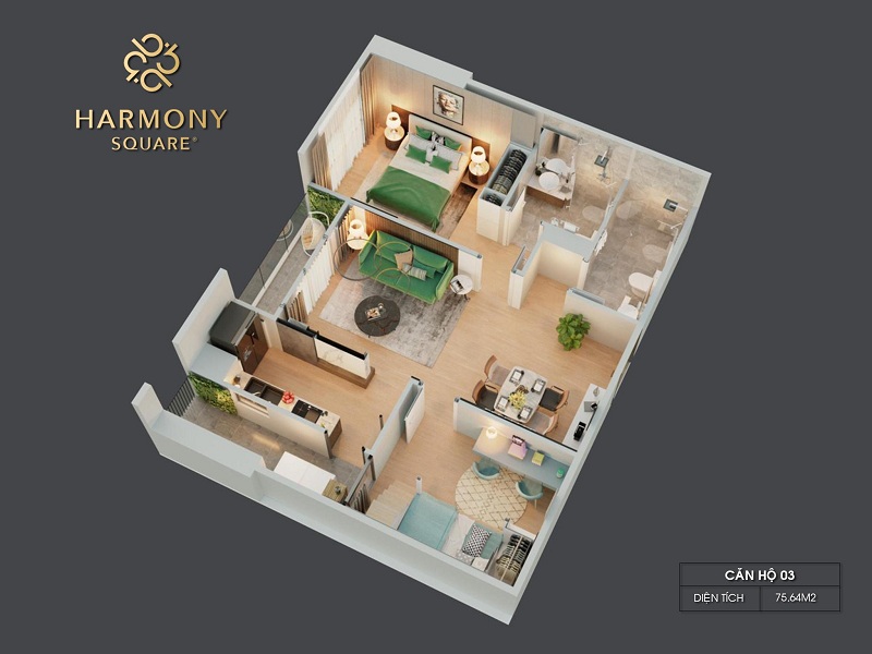 Thiết kế 3D căn hộ 03 dự án chung cư Harmony Square 199 Nguyễn Tuân