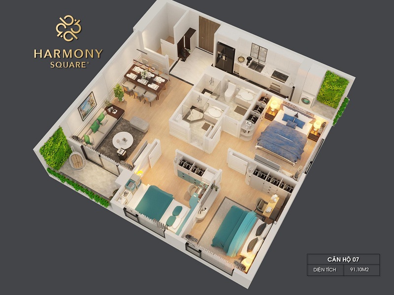 Thiết kế 3D căn hộ 07 dự án chung cư Harmony Square 199 Nguyễn Tuân