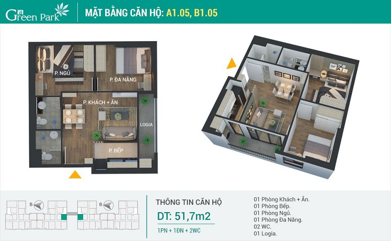 Thiết kế căn 05-A1-B1 dự án Phương Đông Green Park số 01 Trần Thủ Độ