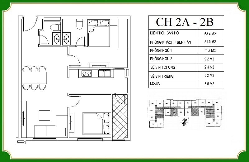 Thiết kế căn hộ 2A-2B chung cư NHS Phương Canh Residence