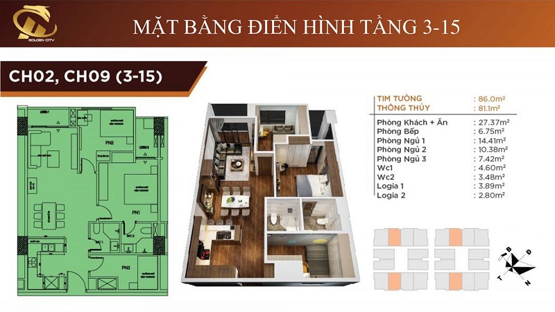 Thiết kế căn hộ 2-9 tầng 3-15 HC Golden City Bồ Đề - Long Biên
