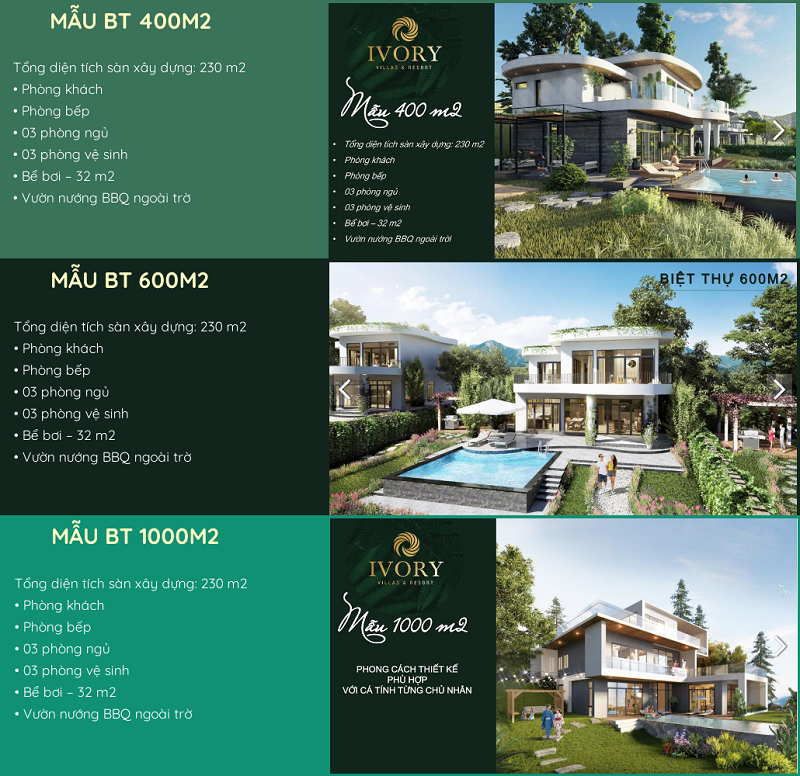 3 mẫu biệt thự điển hình dự án Ivory Villas & Resort Lương Sơn - Hoà Bình