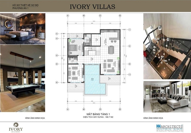 Mặt bằng tầng 1 mẫu A biệt thự Ivory Villas & Resort Hòa Bình