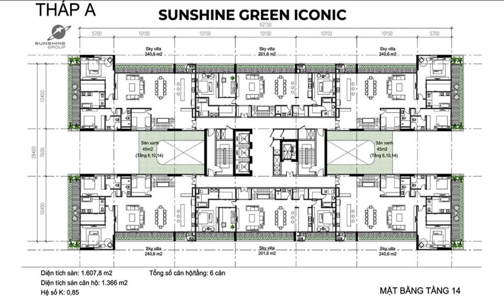 Mặt bằng tầng 14 tháp A dự án Sunshine Green Iconic Long Biên