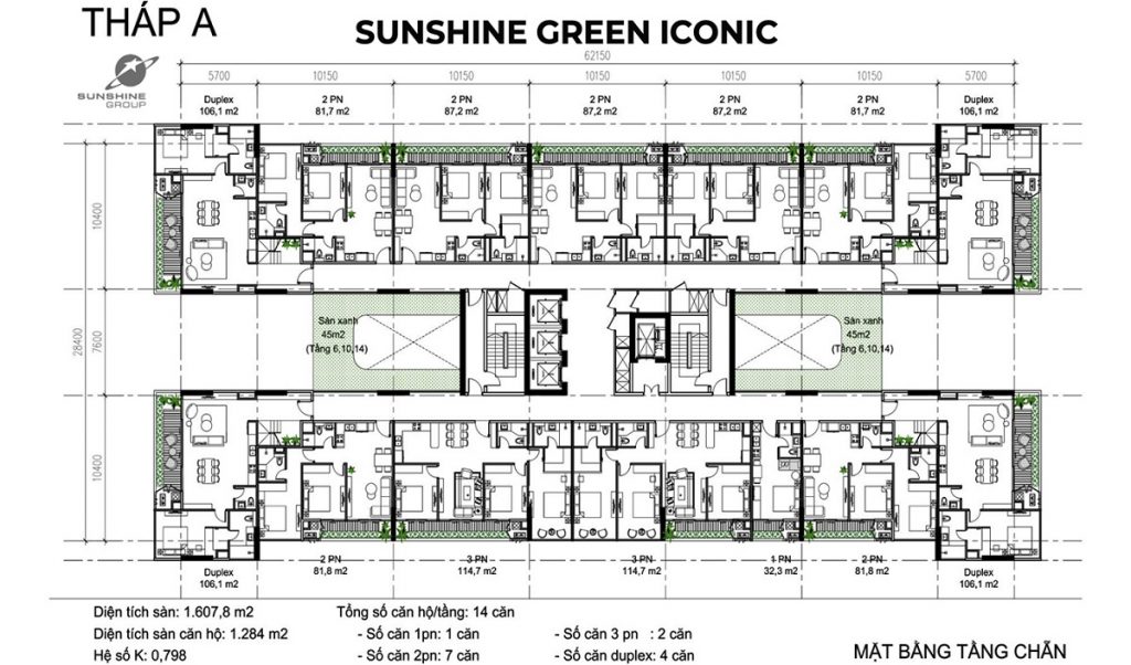 Mặt bằng tầngchẵn tháp A dự án Sunshine Green Iconic Long Biên