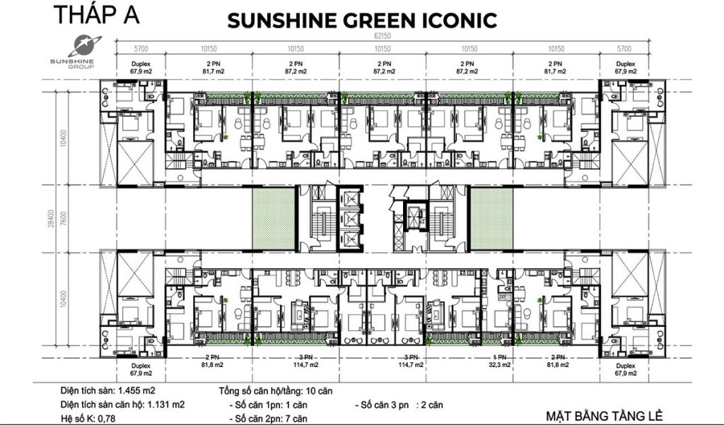 Mặt bằng tầng lẻ tháp A dự án Sunshine Green Iconic Long Biên