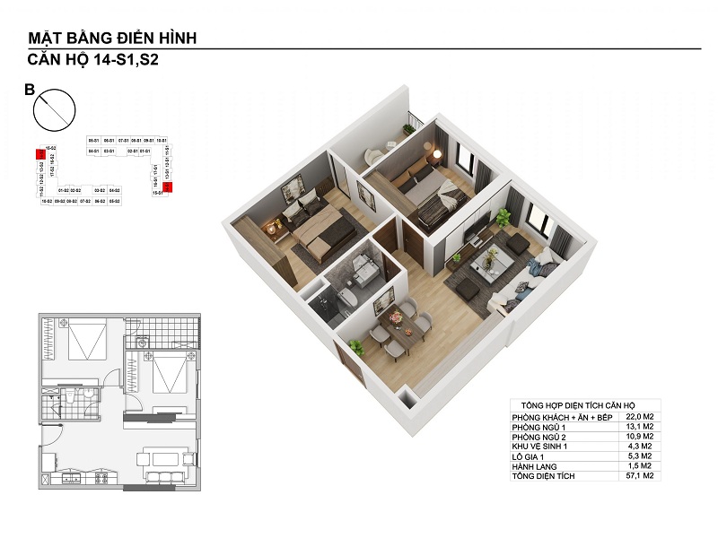 Thiết kế căn hộ 57,1m2 chung cư Hanhomes Blue Star Trâu Quỳ Handico 5