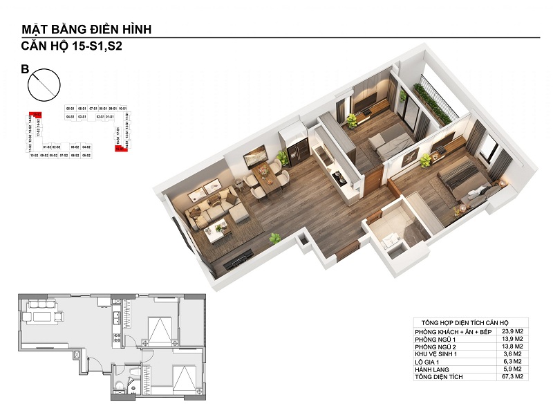 Thiết kế căn hộ 67,3m2 chung cư Hanhomes Blue Star Trâu Quỳ Handico 5
