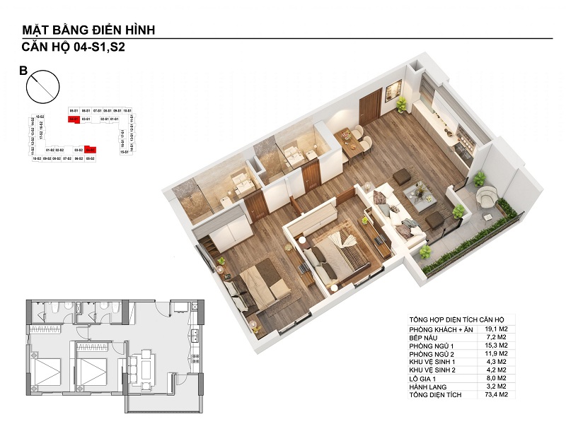 Thiết kế căn hộ 73,4m2 chung cư Hanhomes Blue Star Trâu Quỳ Handico 5