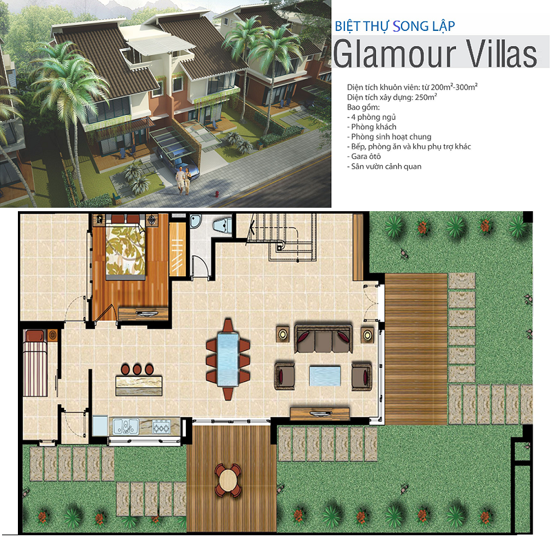 Phối cảnh biệt thự Glamour Xanh Villas Resort Hòa Lạc