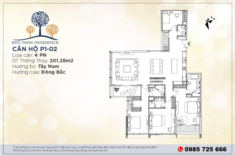 Thiết kế căn hộ 201m2 chung cư BRG Diamond Residence 25 Lê Văn Lương