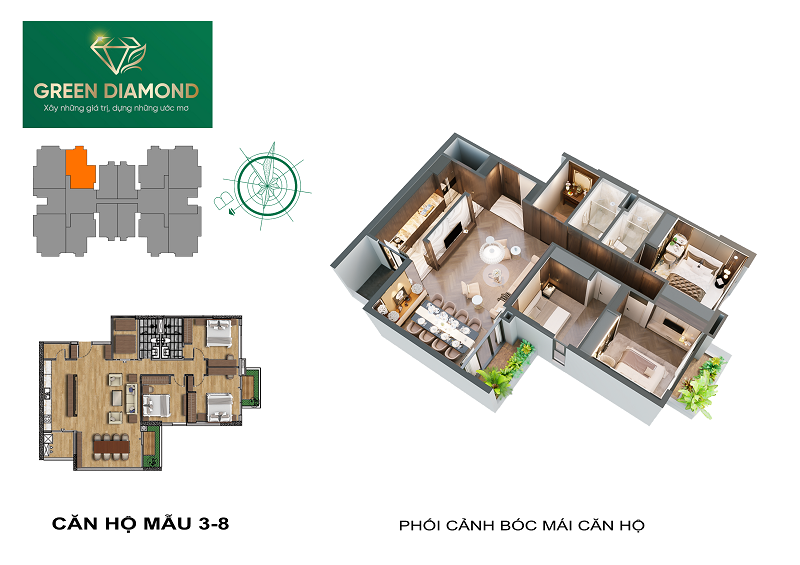 Thiết kế căn hộ 3n diện tích 142m2 chung cư Green Diamond 93 Láng Hạ